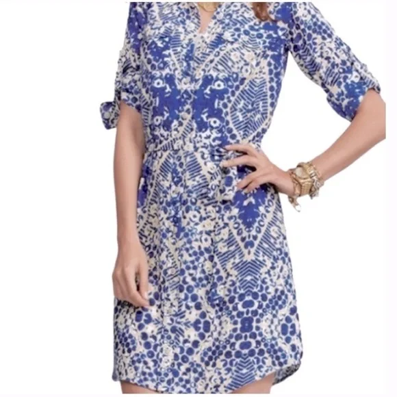 CAbi blue Jewel print button up shirt dress style # 422 roll tab sleeves… - Picture 3 of 11